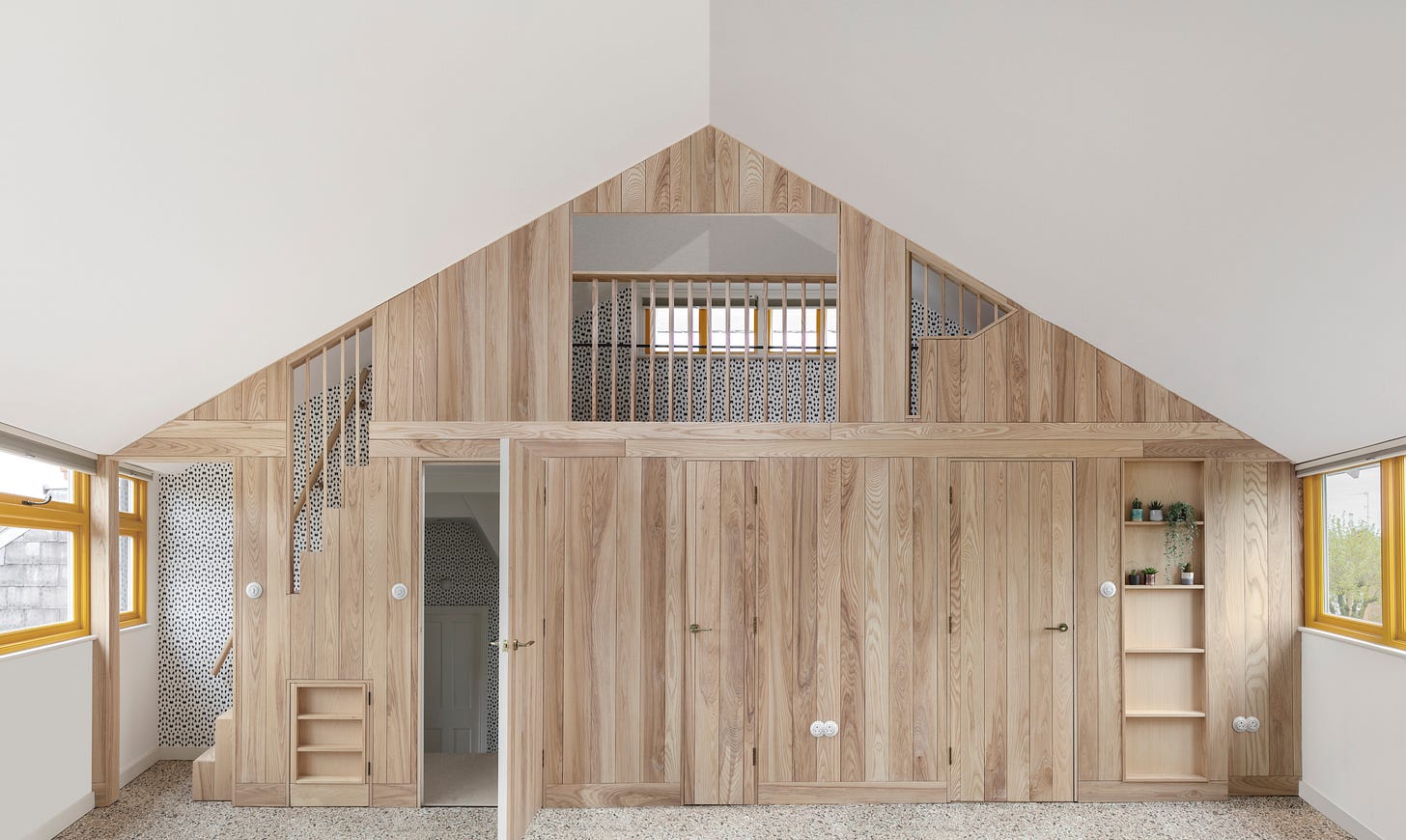 wooden cladding, yellow windows, mezzanine level, wallpaper, kids room, kids bedrooms