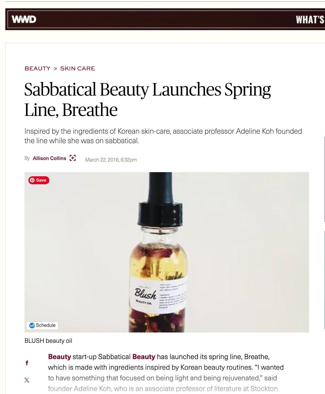 sabbatical beauty featured in women's wear daily