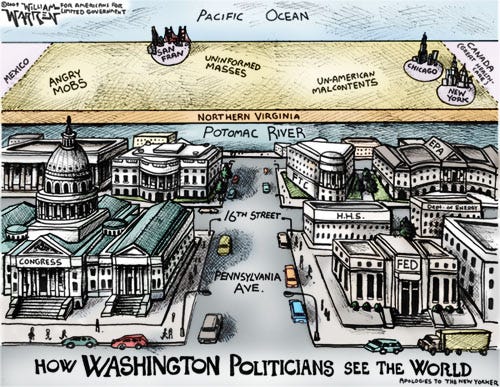 This cartoon by William Warren seems to reflect the view Washington has of those areas outside the Beltway. This cartoon by William Warren seems to reflect the view Washington has of those areas outside the Beltway.
