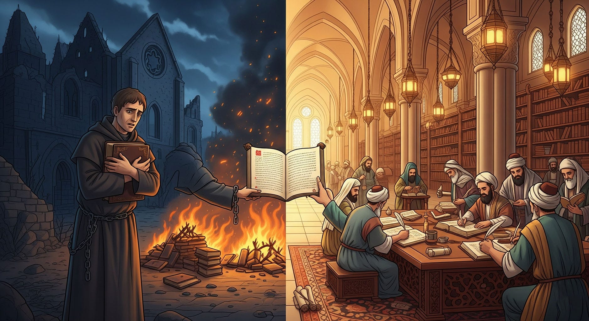 Split image showing medieval Europe burning books while scholars in the Islamic House of Wisdom copy and preserve manuscripts, symbolizing how Muslims saved the Bible.