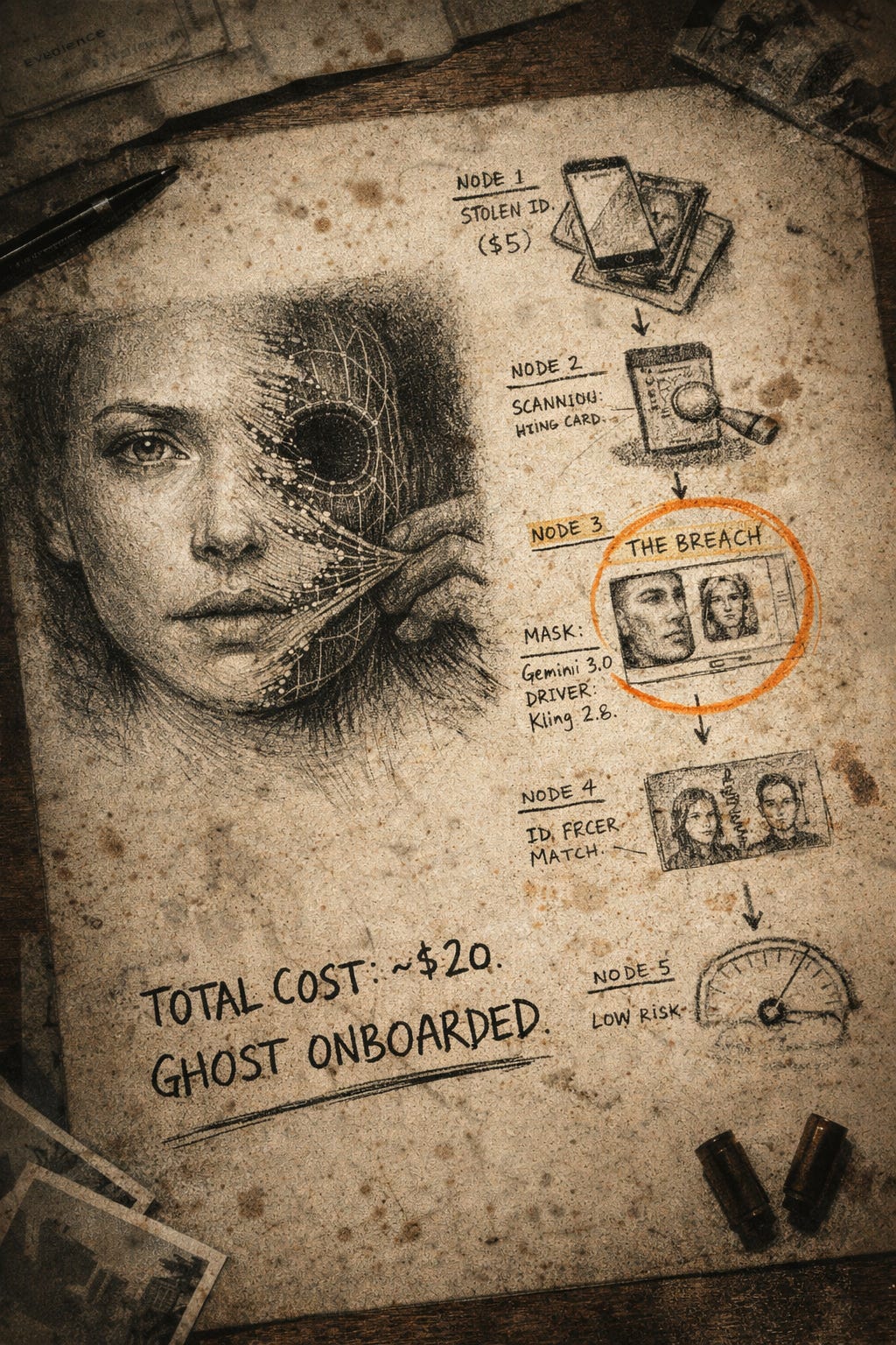 A gritty charcoal infographic titled "Remote Identity Verification Kill Chain." On the left, a realistic sketch of a woman's face peeling away to reveal a digital wireframe skull. On the right, a vertical flowchart details the attack steps: scanning a stolen ID, generating a mask with Gemini 3.0, and animating it with Kling 2.6. An orange grease pencil circle highlights "The Breach." Bold text at the bottom reads: "TOTAL COST: ~$20. GHOST ONBOARDED." A gritty charcoal infographic titled "Remote Identity Verification Kill Chain." On the left, a realistic sketch of a woman's face peeling away to reveal a digital wireframe skull. On the right, a vertical flowchart details the attack steps: scanning a stolen ID, generating a mask with Gemini 3.0, and animating it with Kling 2.6. An orange grease pencil circle highlights "The Breach." Bold text at the bottom reads: "TOTAL COST: ~$20. GHOST ONBOARDED."