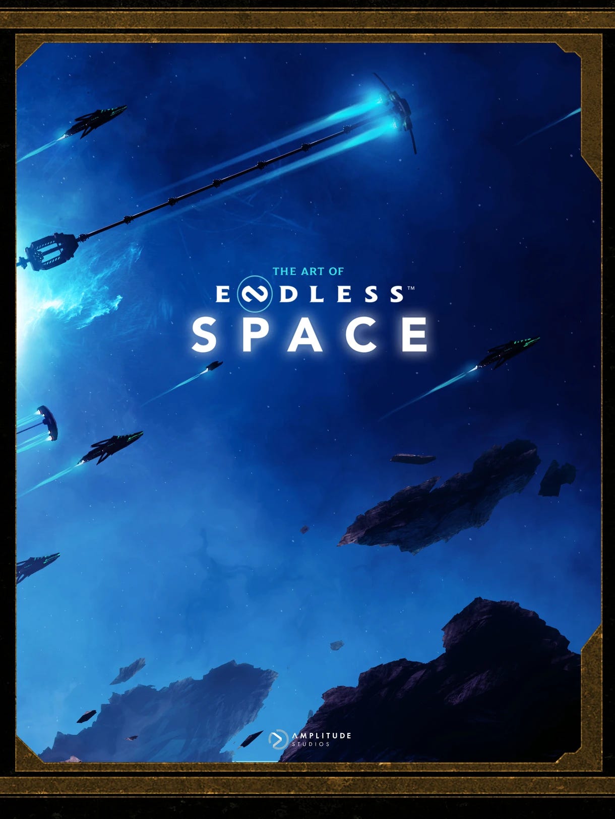 Cover of The Art of Endless Space featuring a dramatic sci-fi scene with sleek starships flying through a vibrant blue nebula. A massive tethered structure stretches across the sky, while rocky asteroids float below, suggesting interstellar exploration and futuristic warfare. Cover of The Art of Endless Space featuring a dramatic sci-fi scene with sleek starships flying through a vibrant blue nebula. A massive tethered structure stretches across the sky, while rocky asteroids float below, suggesting interstellar exploration and futuristic warfare.