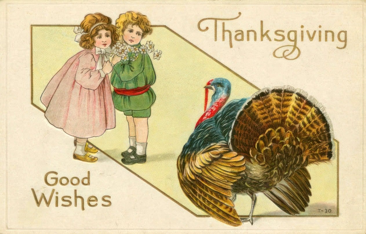 Two kids scared of a turkey old Thanksgiving postcard from ClickAmericana com