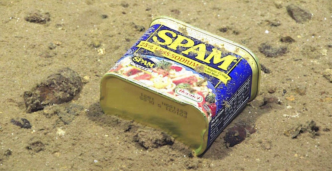 A perfectly-preserved can of Spam lies among sand. A perfectly-preserved can of Spam lies among sand.