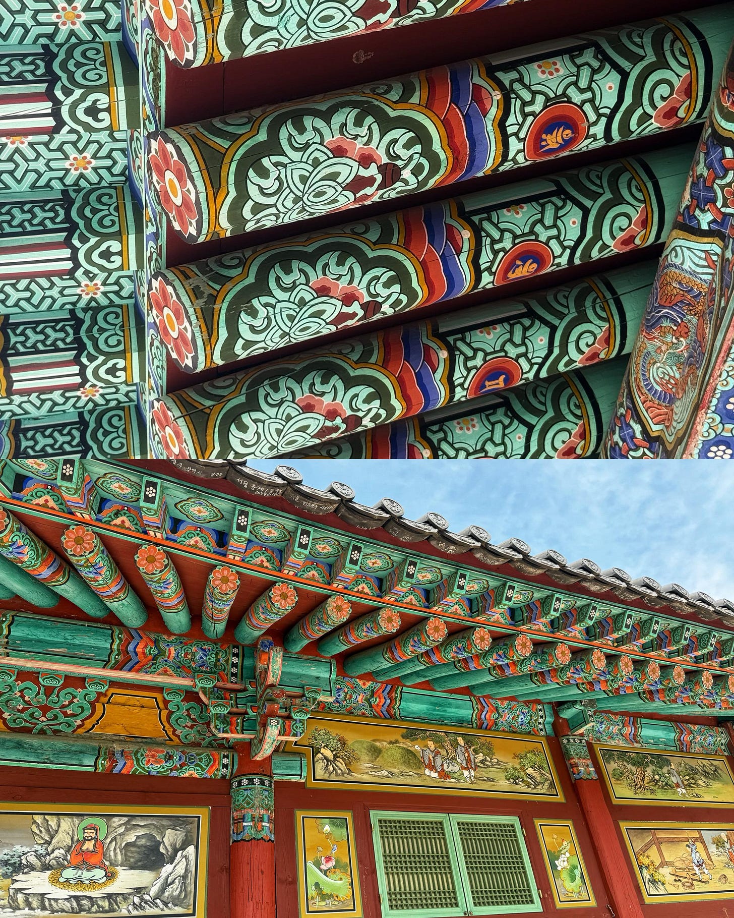 Traditional Korean temple with vibrant reds, blues, and greens. Intricate scenes are painted on the window and door panels. Traditional Korean temple with vibrant reds, blues, and greens. Intricate scenes are painted on the window and door panels.