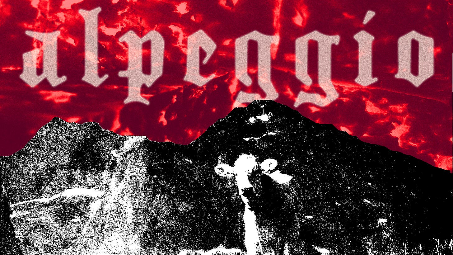 a graphic of an alpine cow in black and white in front of a mountain range. above it is written the title of the story, "alpeggio"