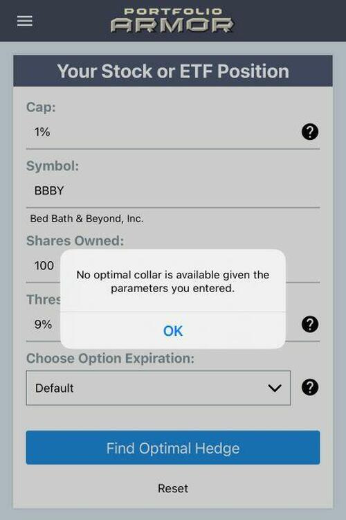 Portfolio Armor error message for BBBY