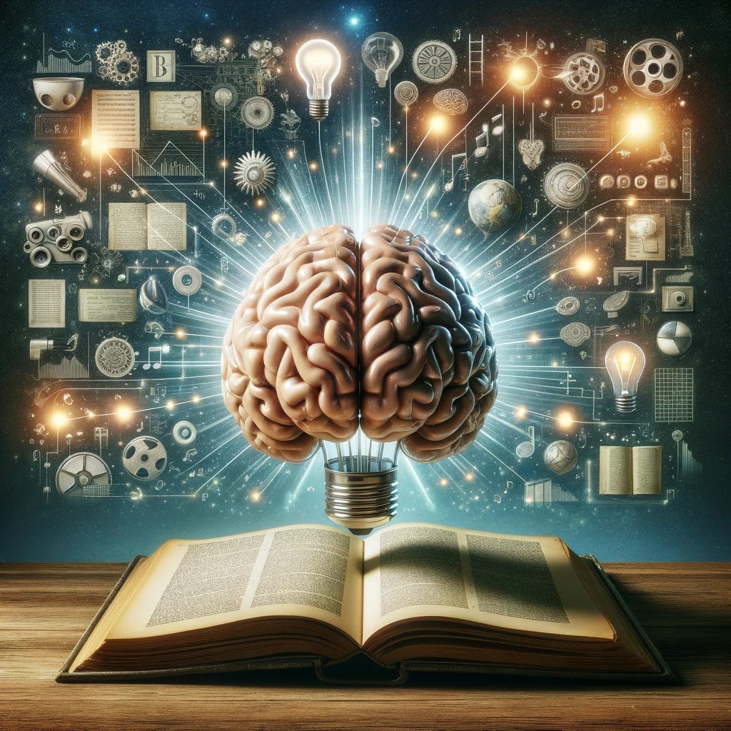 A conceptual image representing intellectual property, featuring a luminous, oversized brain floating above an open book. The brain is surrounded by various symbols of creativity and innovation, such as light bulbs, patent documents, musical notes, film reels, and computer code, illustrating the diverse nature of intellectual property. This image captures the essence of ideas and inventions being protected and valued, set against a backdrop that suggests both the traditional and digital realms of intellectual creation.