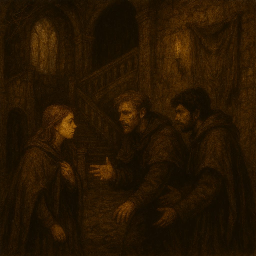 Inside the ruined foyer of Argynvostholt, three figures stand in tense confrontation. Ireena (visually reminiscent of Thomasin McKenzie with red hair) stands near the broken staircase, her cloak flaring as she gestures sharply, eyes blazing. Greegan (visually reminiscent of Matt Ryan) leans forward, jaw clenched, holding a scorched turnip in one hand and pointing with the other. Felonious (visually reminiscent of Ben Whishaw) stands apart, arms crossed, his expression cool and unreadable, a half-finished sigil chalked on the wall behind him. The shattered chandelier above casts fractured light across the cracked stone floor. Cobwebs hang from the balustrade, and faded tapestries ripple in the draft. The atmosphere is charged, intimate, and shadowed by old grief.