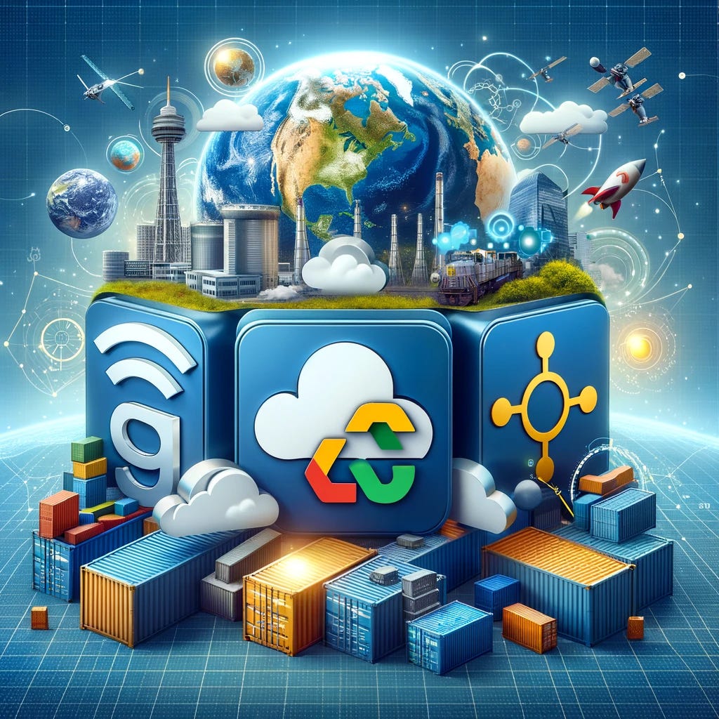 Create a thumbnail image that incorporates the DAG logo, the Kubernetes logo, the Google Cloud Platform (GCP) logo, and geospatial elements. The image should visually integrate these logos with a backdrop or elements that represent geospatial technology, such as a map, globe, or satellite imagery. The design should illustrate the convergence of workflow orchestration (DAG), container orchestration (Kubernetes), cloud computing (GCP), and geospatial analysis, highlighting their synergy in modern geospatial data processing. The composition should convey a sense of advanced technology and integration, appealing to professionals in cloud computing and geospatial analysis.