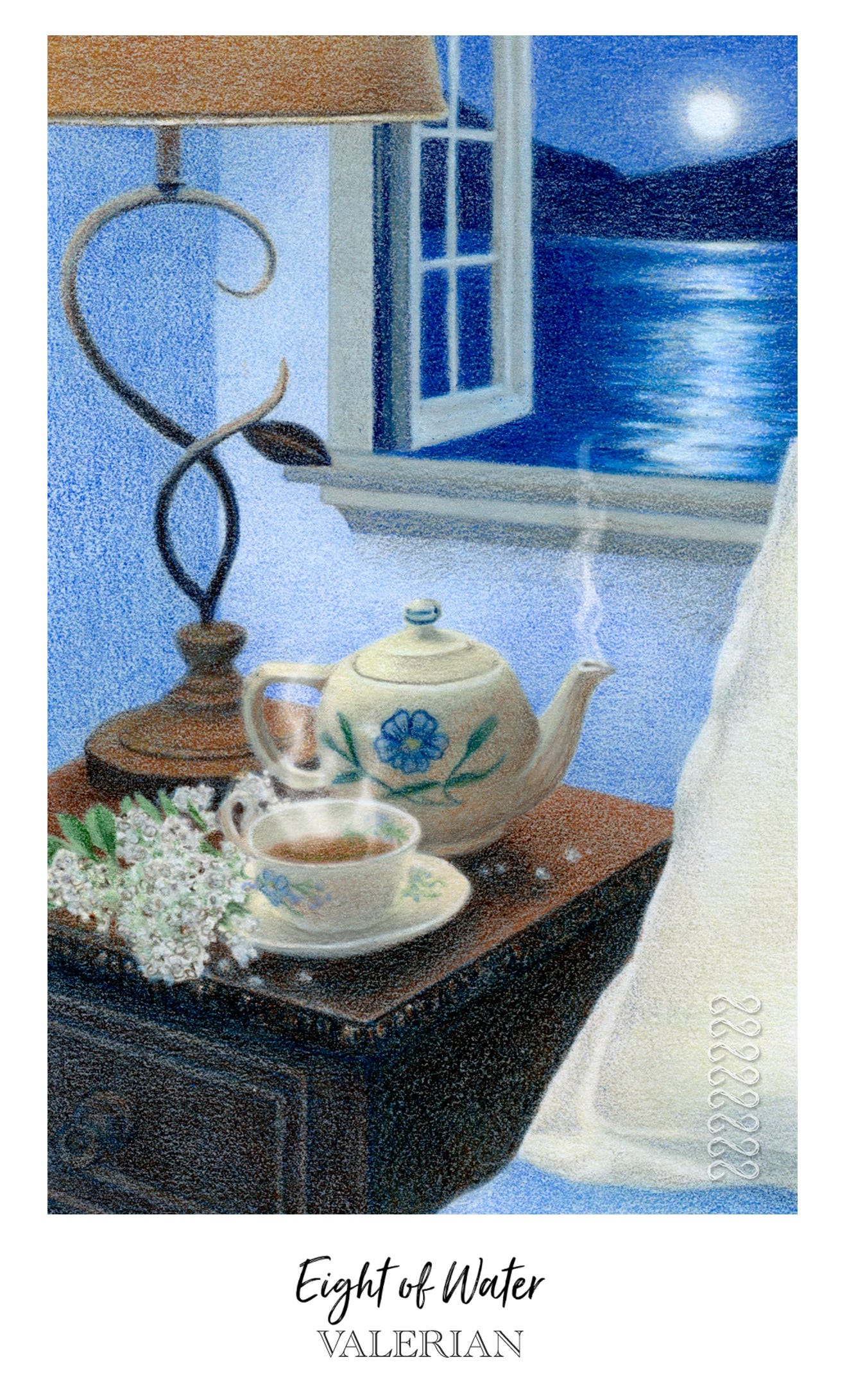 Eight of Water / Valerian from the Herbcrafter’s Tarot. Art by JPC.