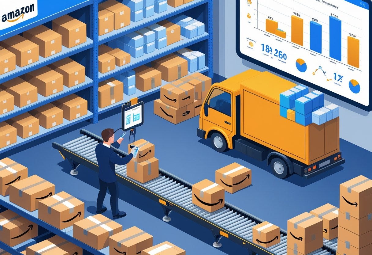 A warehouse with shelves of products, a worker scanning packages, a conveyor belt moving boxes to a delivery truck, and a digital dashboard showing shipping data.