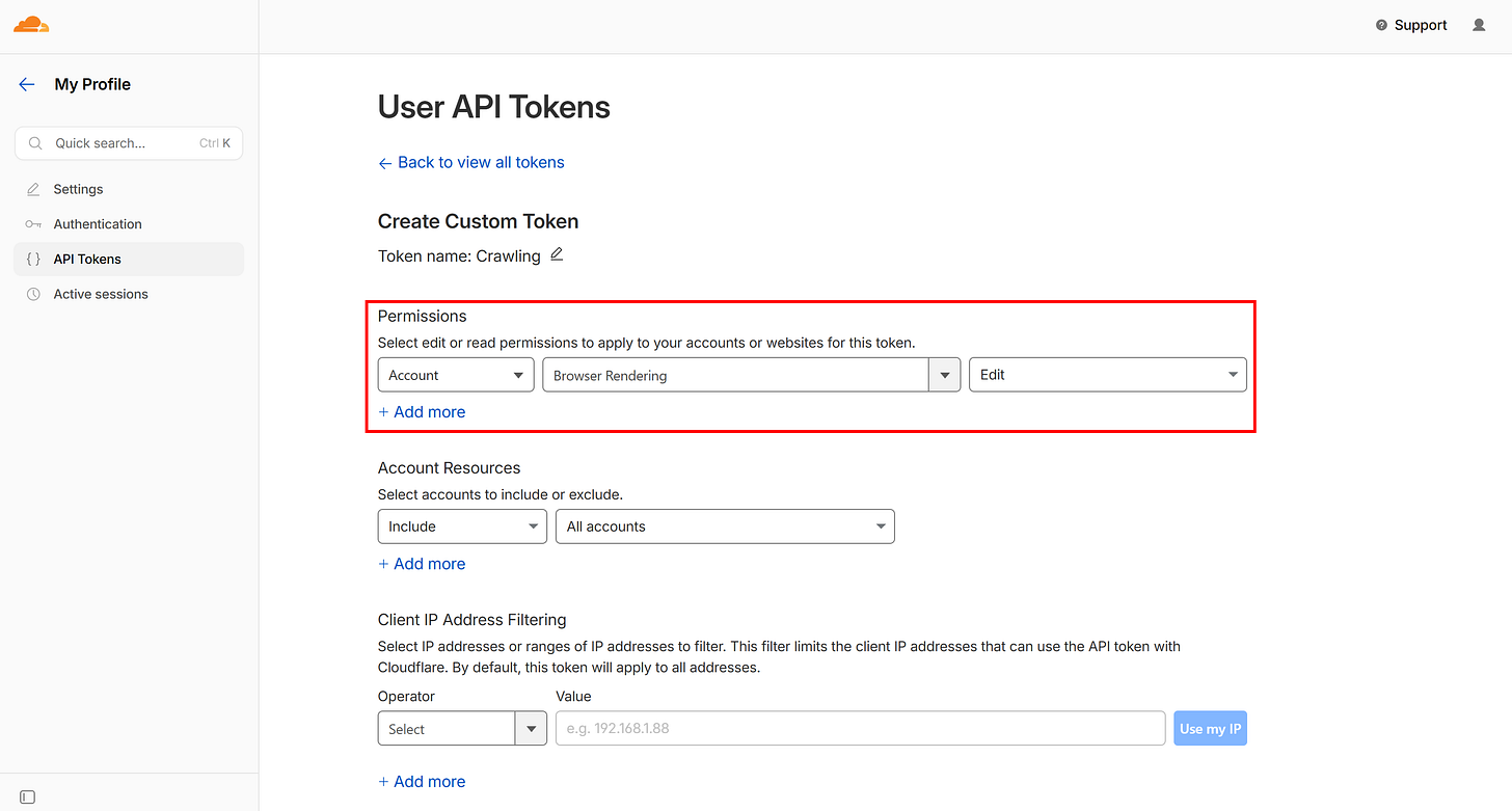 Note the API key with the required “Browser Rendering - Edit” permission