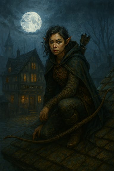 Silverleaf, visually inspired by Tatiana Maslany, crouches on the rooftops of Vallaki. Her elven features are sharp and alert, cloak drawn close against the morning mist. She perches near a chimney, eyes scanning the fog-draped streets below for movement. The rooftops are steep and weathered, with slate tiles slick from dew. The atmosphere is tense and cinematic—a hunter watching from above. Silverleaf, visually inspired by Tatiana Maslany, crouches on the rooftops of Vallaki. Her elven features are sharp and alert, cloak drawn close against the morning mist. She perches near a chimney, eyes scanning the fog-draped streets below for movement. The rooftops are steep and weathered, with slate tiles slick from dew. The atmosphere is tense and cinematic—a hunter watching from above.
