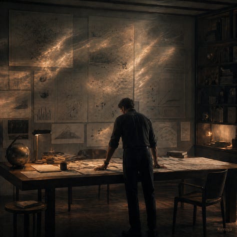 A nine-image conceptual visual essay showing different forms of creative atmosphere. The images include a person reading beside falling rain, a writer under an approved cloud in an institutional room, a figure seated before a large projected weather diagram, a person studying maps under golden light, a worldbuilder drawing over a glowing cosmic map, a quiet interior with several rooms and changing atmospheres, and two reflective portraits of writers in warm and shadowed light. The set explores the idea that creative work has its own emotional, symbolic, intellectual, and atmospheric weather.