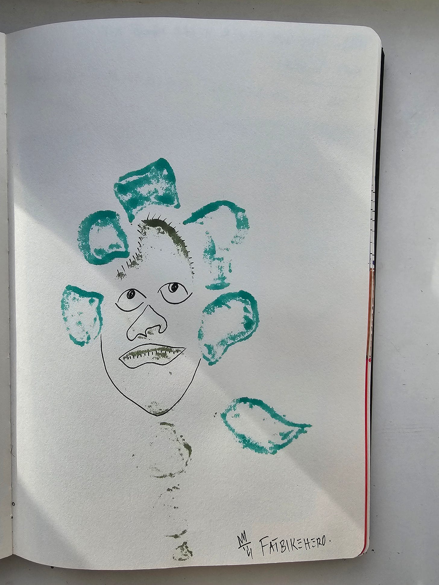 Hand-drawn ink face surrounded by cactus-like green forms with visible ink bleed on paper.