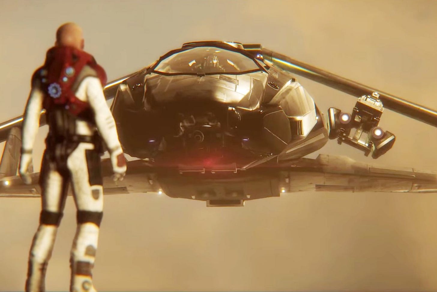 Image from 2015 promoting the game Star Citizen. A human character in a flight suit admires a space vehicle. Image from 2015 promoting the game Star Citizen. A human character in a flight suit admires a space vehicle.