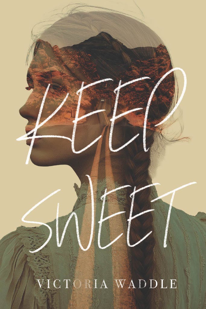 The profile of a teen girl with a braid and wearing a prairie dress. The image of a road in a desert with stark mountains in the background is overlaid on her profile. The words “Keep Sweet” are written across it. This book is about child abuse in a religious cult. Click link on photo for more info. 