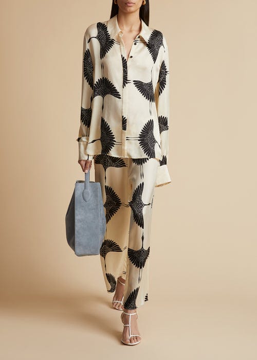 The Minta Top in Cream and Black Crane Print