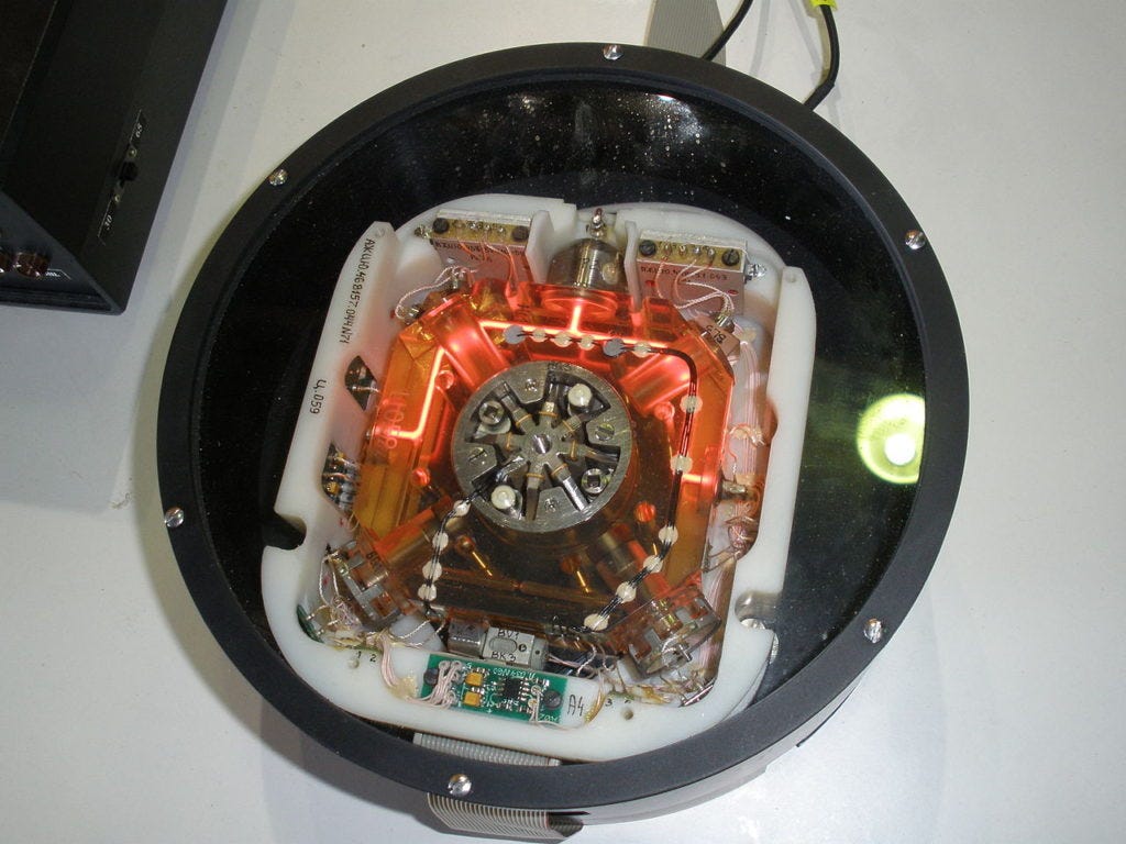 Mechanical gyroscopes have long been used for navigation on aircraft, ships, and spacecraft. Modern gyroscopes based on lasers have no moving parts. They send two beams of light in opposite directions around a ring. Timing differences indicate angular motion of the vehicle. Imaged Credit: Wikimedia Mechanical gyroscopes have long been used for navigation on aircraft, ships, and spacecraft. Modern gyroscopes based on lasers have no moving parts. They send two beams of light in opposite directions around a ring. Timing differences indicate angular motion of the vehicle. Imaged Credit: Wikimedia