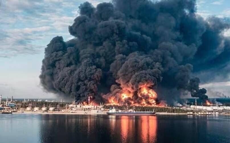 Fire and smoke at the Primorsk oil terminal after a Ukrainian drone strike. Fire and smoke at the Primorsk oil terminal after a Ukrainian drone strike.