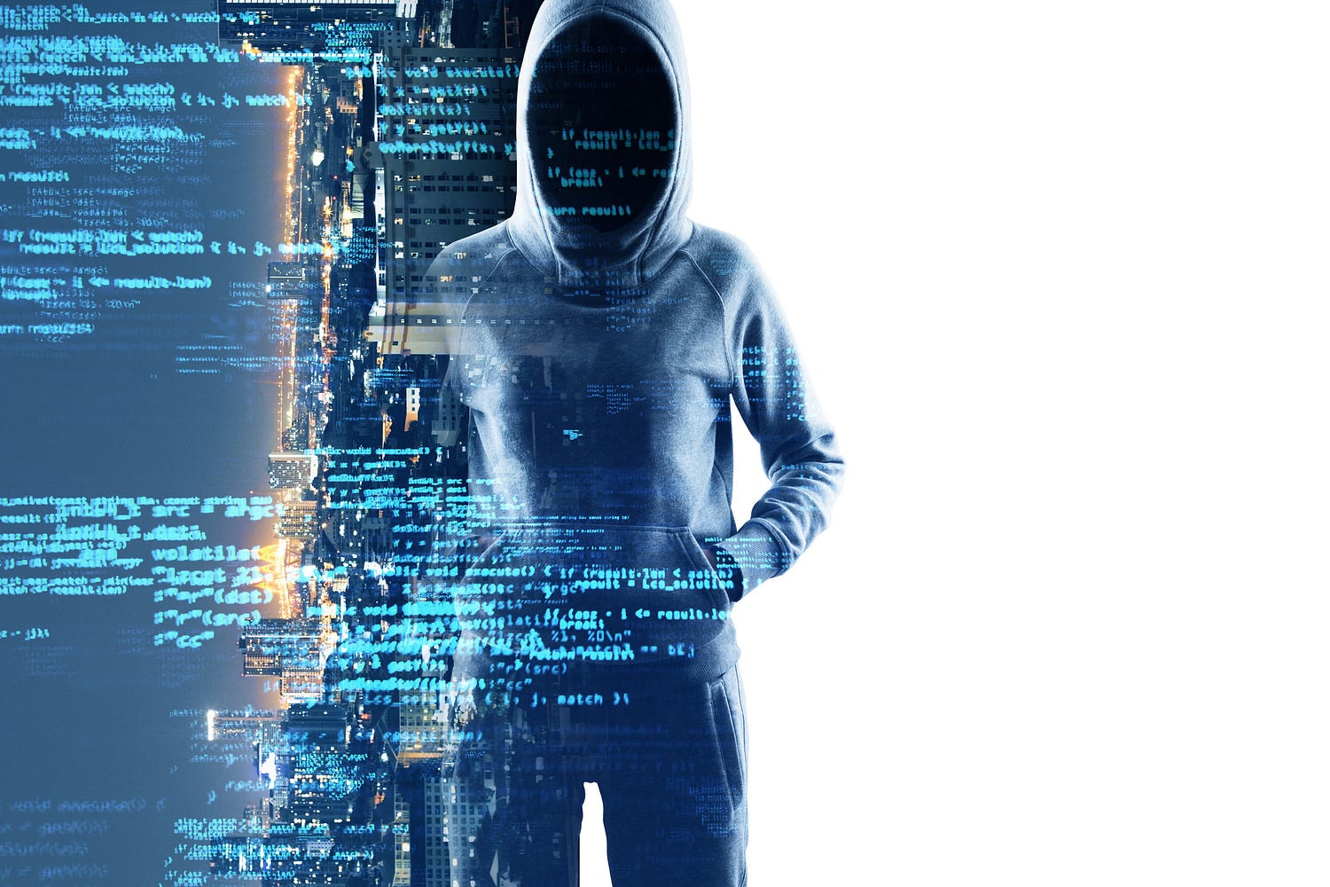 Faceless person in a hoody superimposed over a computer screen with code written all over it. Faceless person in a hoody superimposed over a computer screen with code written all over it.