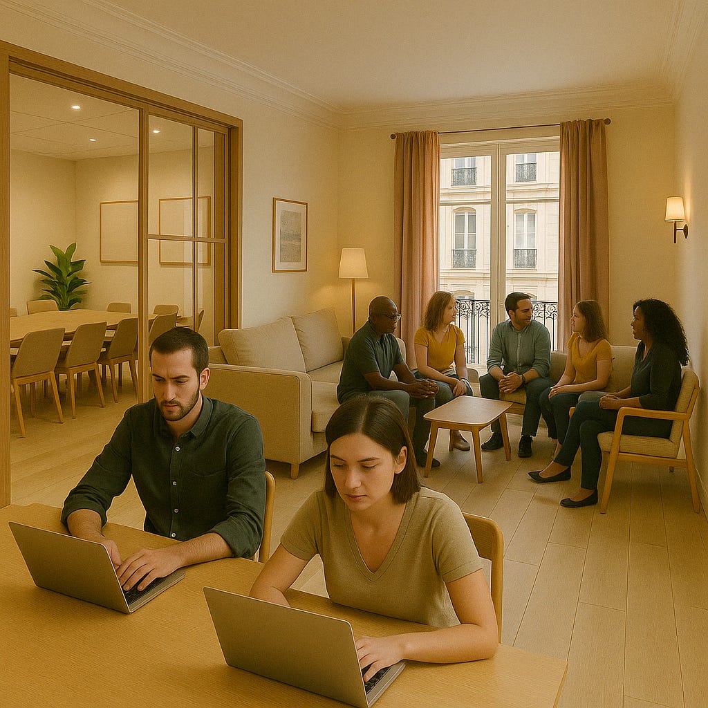 A bright, welcoming co-living space with a group of people engaged in different activities. Two individuals focus on laptops at a worktable, while several others sit on couches and chairs in conversation near a large window. A dining room with a long communal table is visible through glass doors. The scene conveys productivity, community, and comfort in a shared living environment. Image created with DALL·E. A bright, welcoming co-living space with a group of people engaged in different activities. Two individuals focus on laptops at a worktable, while several others sit on couches and chairs in conversation near a large window. A dining room with a long communal table is visible through glass doors. The scene conveys productivity, community, and comfort in a shared living environment. Image created with DALL·E.