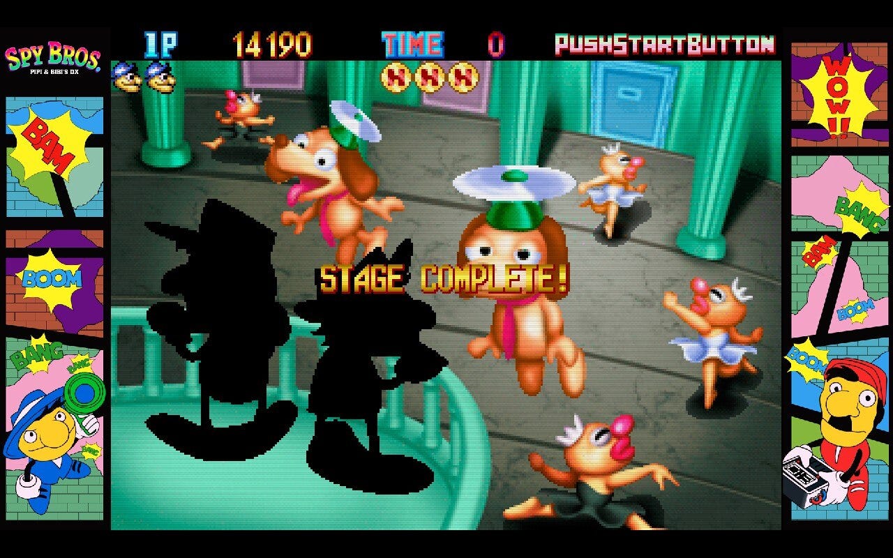 A screenshot from Spy Bros. DX after completing the game's final stage, albeit with one missing H coin. It shows the spy bros, still in black because of the missing coin, looking out on enemies like the ballerinas and flying dogs from the stage, from a balcony. A screenshot from Spy Bros. DX after completing the game's final stage, albeit with one missing H coin. It shows the spy bros, still in black because of the missing coin, looking out on enemies like the ballerinas and flying dogs from the stage, from a balcony.