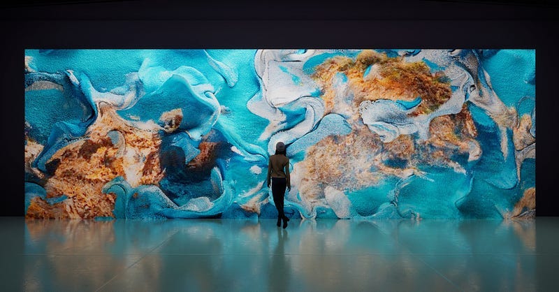 A woman stands facing a long wall with a massive LED screen. Its abstract, digital image looks like an undulating cluster of small, brightly colored beads. Rich blues and turquoise are reflected on the polished concrete floor.