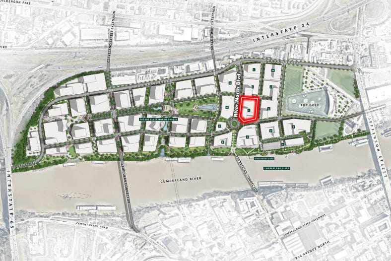Planning maps from Nashville's East Bank vision — bridge alignment and surrounding Oracle / River North development