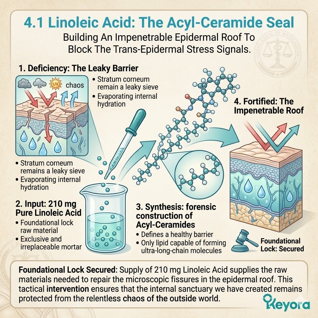 Systemic Regulator utilizing Linoleic Acid for Acyl-Ceramide Synthesis to seal the epidermal roof and terminate the secondary MMP spike for structural sovereignty. Systemic Regulator utilizing Linoleic Acid for Acyl-Ceramide Synthesis to seal the epidermal roof and terminate the secondary MMP spike for structural sovereignty.