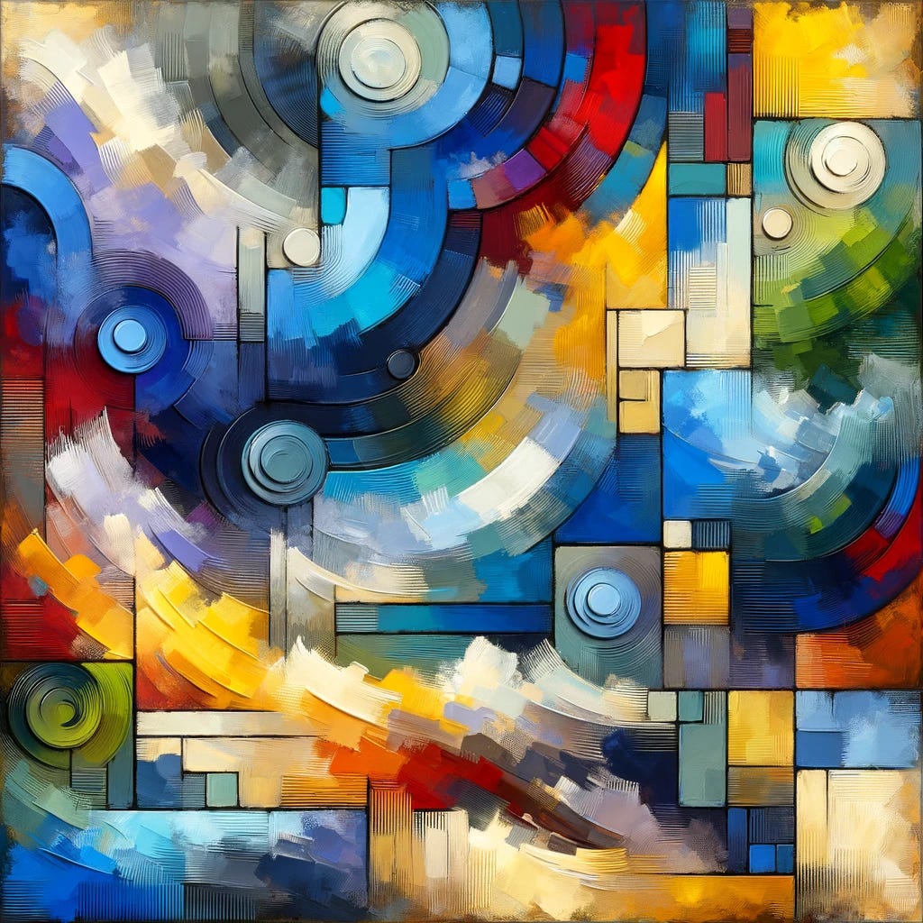 Create a painting that channels the essence of an abstract composition made of paper cutouts. The artwork should have bold, painted shapes in a variety of colors that look like they've been brushed onto a canvas. Emphasize the texture of the brushstrokes, with visible lines and swirls of the bristles, and the texture of the canvas should be subtly visible beneath the paint. Use a color palette that includes deep blues, bright yellows, rich reds, and lush greens to maintain the vibrant and dynamic feel of the original paper cutout concept.