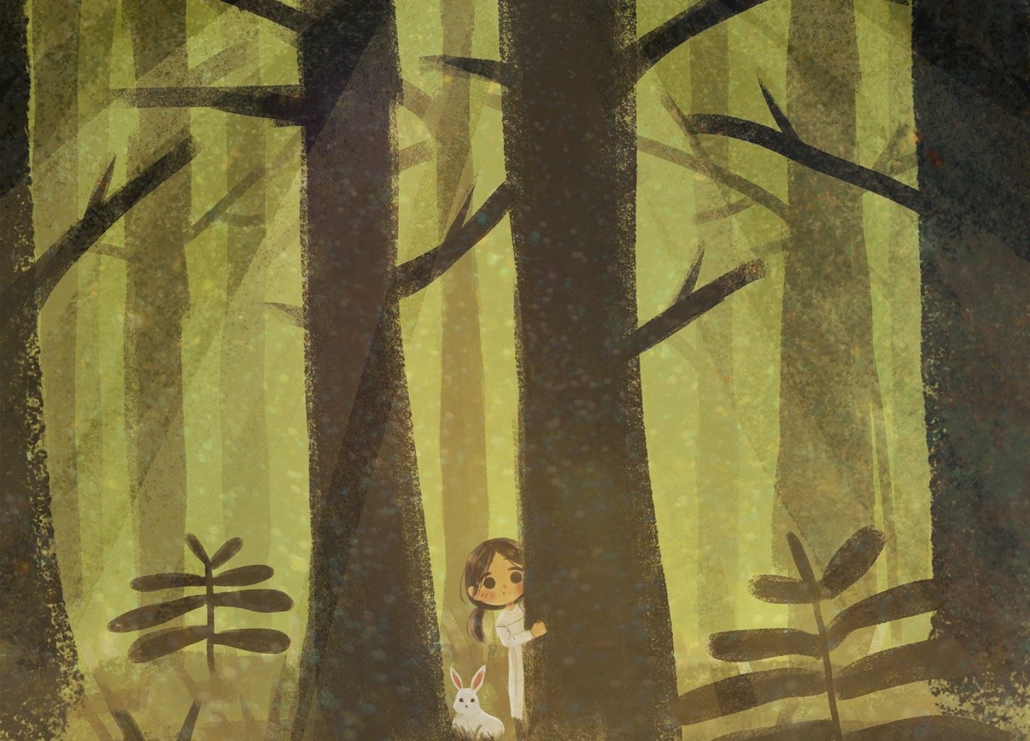 cartoon image of a girl with a rabit peeking out from behind a tree