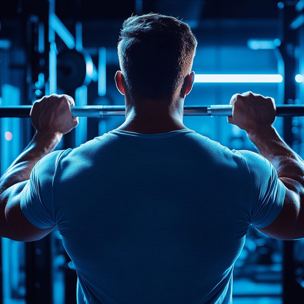 Muscular man wearing light blue gym gear is preparing for a heavy set. Muscular man wearing light blue gym gear is preparing for a heavy set.