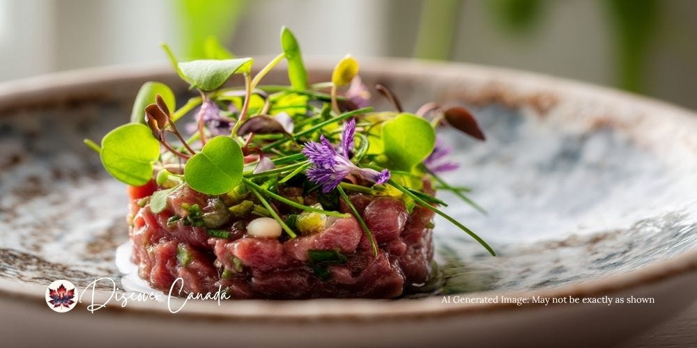 A plate of venison tartare with microgreens at an Indigenous fine dining restaurant.