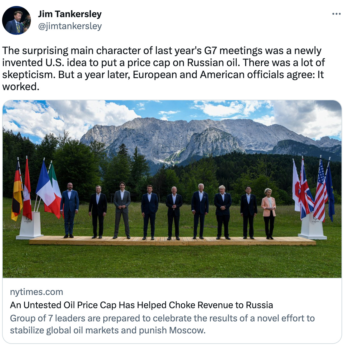  See new Tweets Conversation Jim Tankersley @jimtankersley The surprising main character of last year's G7 meetings was a newly invented U.S. idea to put a price cap on Russian oil. There was a lot of skepticism. But a year later, European and American officials agree: It worked. nytimes.com An Untested Oil Price Cap Has Helped Choke Revenue to Russia Group of 7 leaders are prepared to celebrate the results of a novel effort to stabilize global oil markets and punish Moscow.