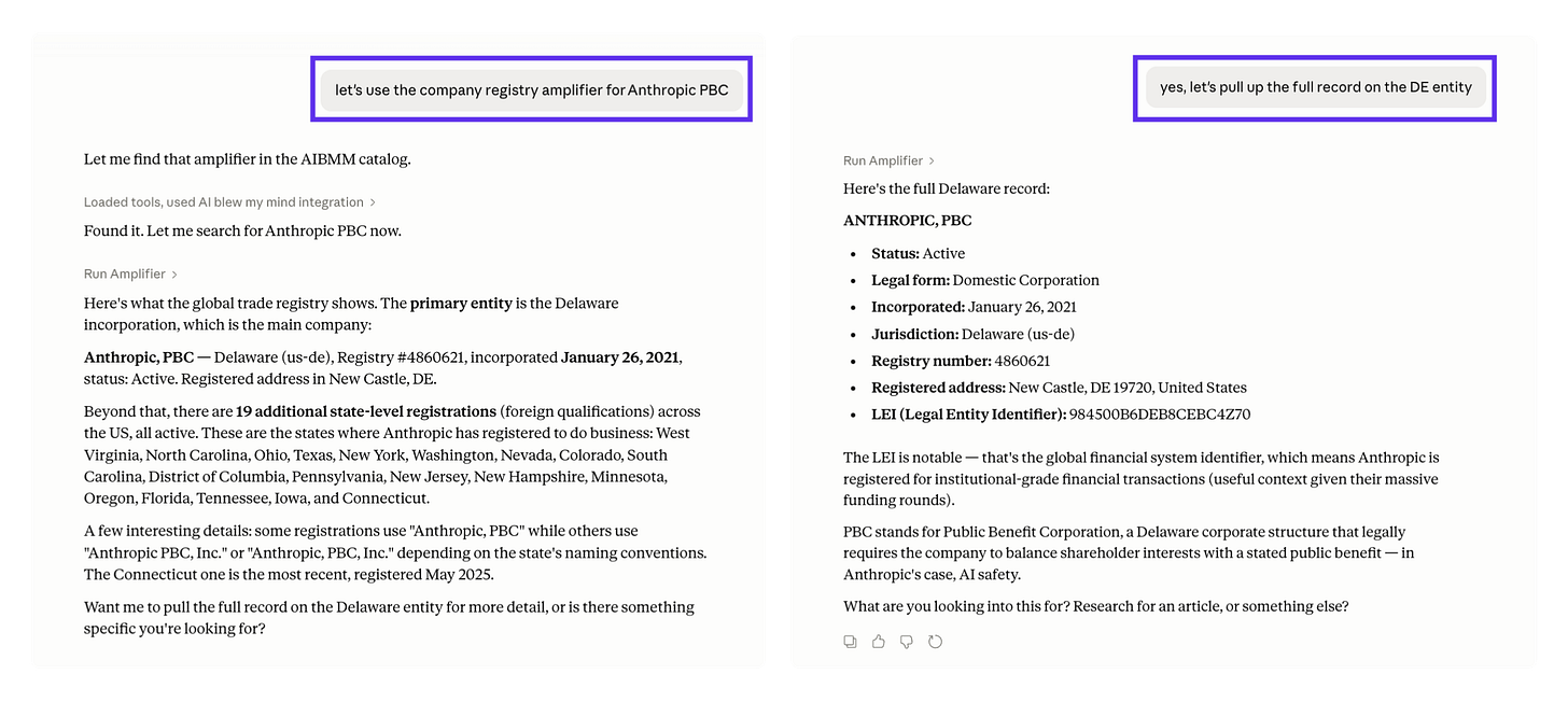 Side-by-side screenshots of Claude using the company registry amplifier to look up Anthropic PBC, showing the Delaware incorporation from January 2021, 19 additional state registrations, and the full registry record with legal form, address, and LEI identifier.