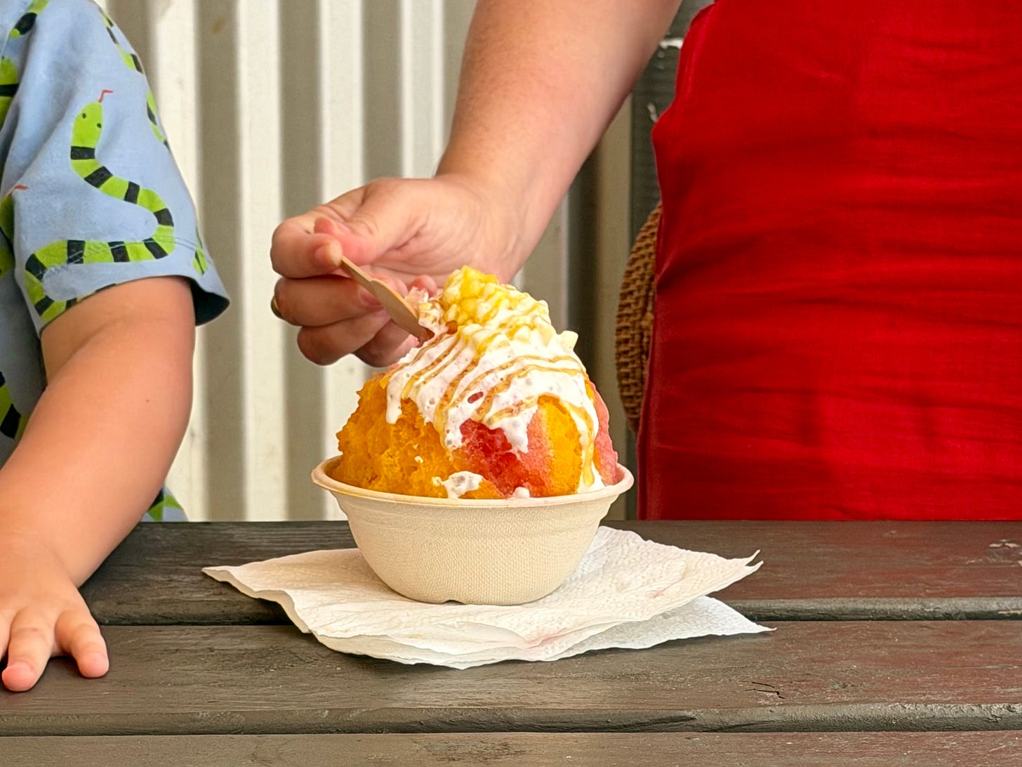 Waikomo Shave Ice food truck at Warehouse 3540 in Kalaheo, Kauai, featuring all-natural fruit syrups.