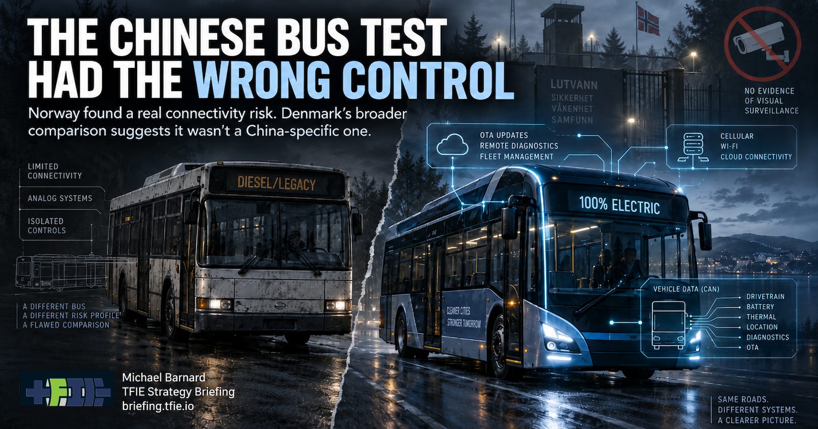 Older disconnected bus contrasted with a modern connected electric bus outside a Norwegian security facility, with OTA and surveillance-risk overlays.