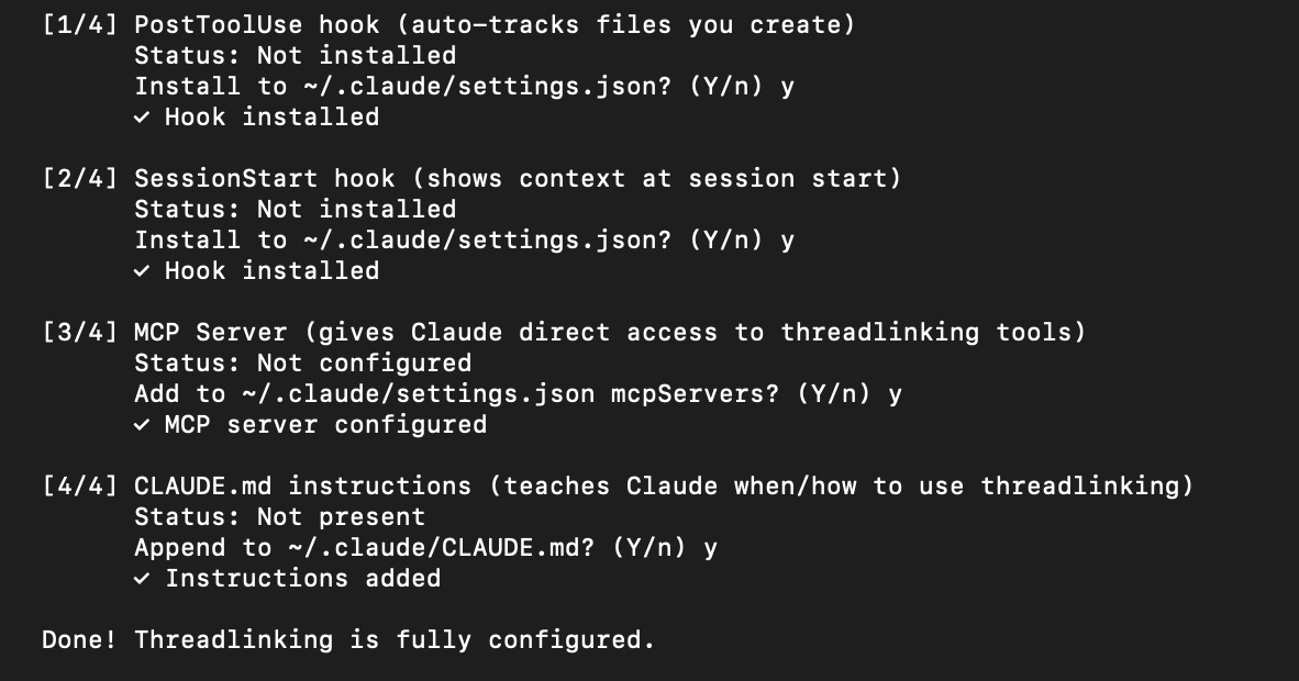 Threadlinking init setup process, showing hook installation and CLAUDE.md configuration