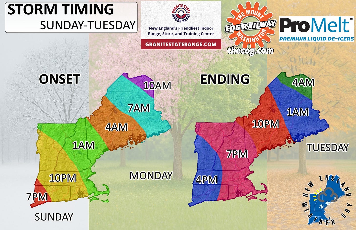 May be an image of map and text that says 'STORM SUNDAY-TUESDAY New England's Friendliest Indoor Range, Store, and Training Center GRANITESTATERANGE.COM THE MOUNT COGRAILWAY WAY ProMelt ΜA6HHETO PREMIUM LIQUID DE-ICERS thecog.com g.com ONSET 10AM ፍትሩስ ENDING 7AM 4AM 4AM 1AM 1AM 10PM 10PM 7PM 7PM MONDAY TUESDAY 4PM SUNDAY E So THER'