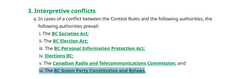 A screenshot of the leadership rules stating the party's Constitution and Bylaws supersede the leadership rules