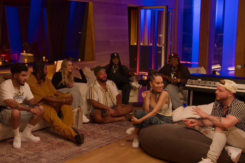 HITMAKERS. (L to R) Tommy Brown, Harv, Whitney Phillips, Trey Campbell, Brittany "Chi" Coney, Jenna Andrews, Denisia "Blu June" Andrews, and Stephen Kirk in episode 1 of HITMAKERS. Cr. Courtesy of Netflix © 2025 HITMAKERS. (L to R) Tommy Brown, Harv, Whitney Phillips, Trey Campbell, Brittany "Chi" Coney, Jenna Andrews, Denisia "Blu June" Andrews, and Stephen Kirk in episode 1 of HITMAKERS. Cr. Courtesy of Netflix © 2025