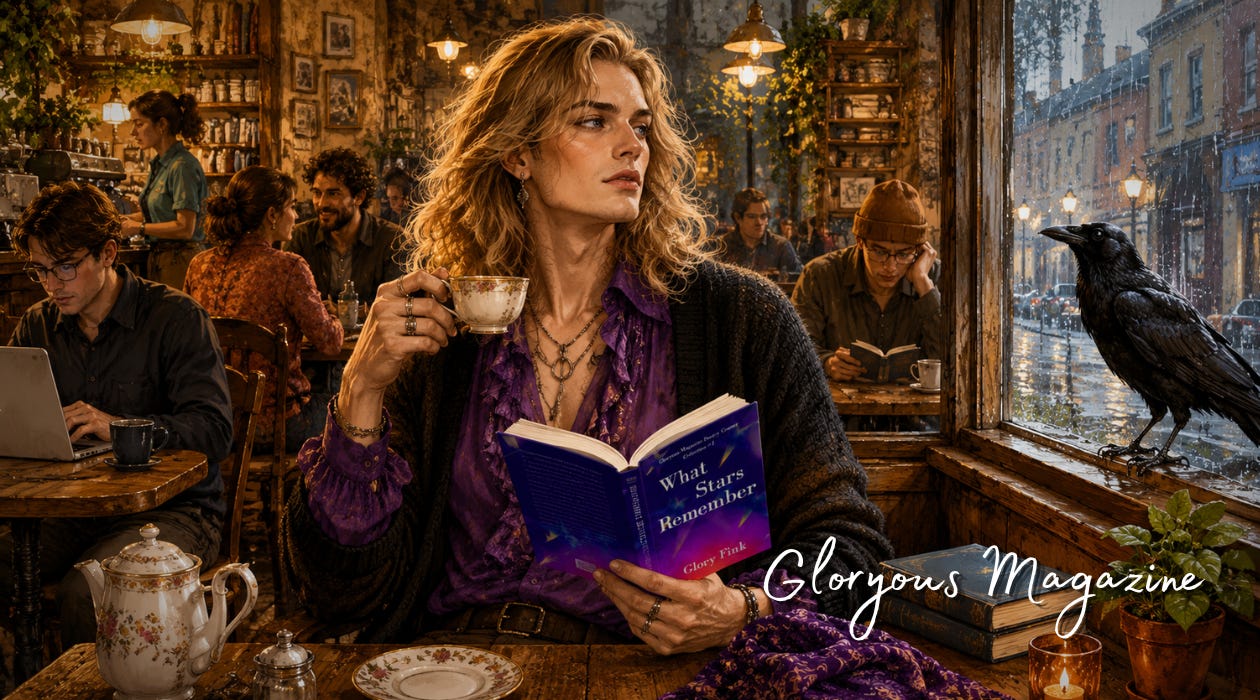 Alt text: Wide, warmly lit illustration of an androgynous blond adult in a purple blouse and dark cardigan reading What Stars Remember while holding a floral teacup in a crowded café. A black crow perches outside the rain-streaked window, and books, plants, other patrons, and “Gloryous Magazine” fill the cozy scene.