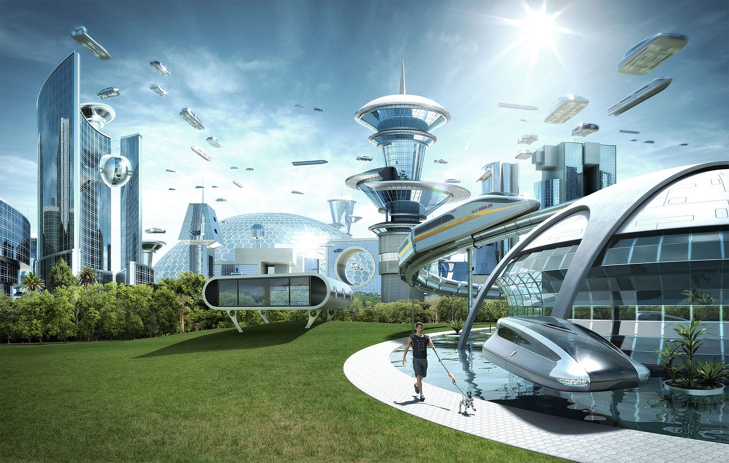Image of a futuristic city with flying cars Image of a futuristic city with flying cars