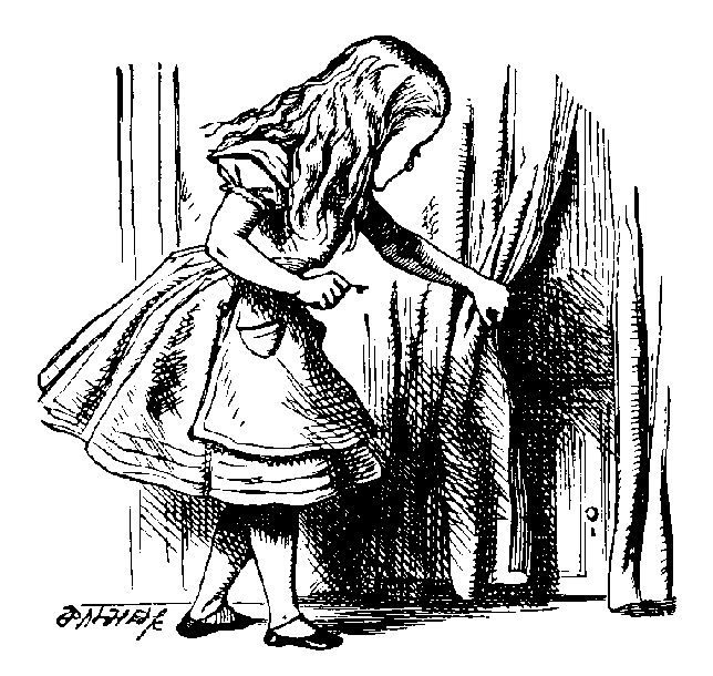 Alice in Wonderland finding a tiny door behind a curtain Alice in Wonderland finding a tiny door behind a curtain
