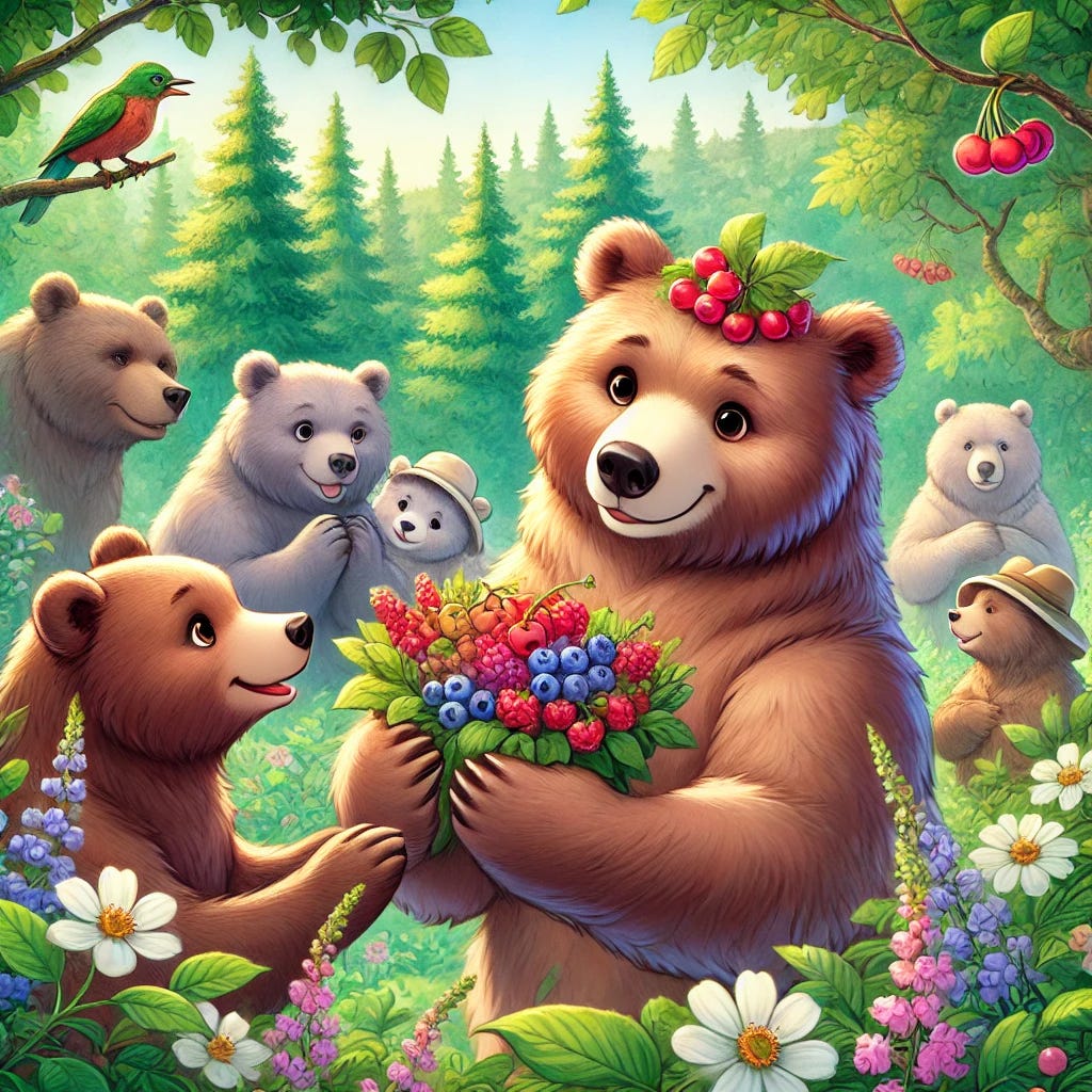 A heartwarming illustration of bears showing gratitude. The scene depicts several bears in a lush forest, surrounded by blooming flowers and green trees. One bear is handing a bunch of fresh berries to another, while others are smiling appreciatively in the background. The bears are portrayed with expressive, kind eyes and gentle postures, highlighting the theme of gratitude. The illustration is colorful and vibrant, capturing the beauty of nature and the warmth of the moment.