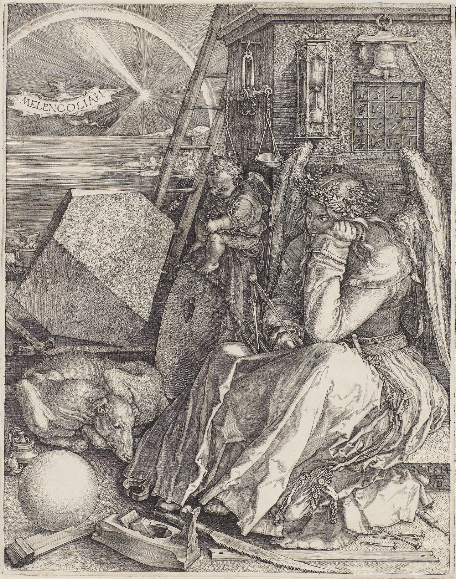 A winged figure sits surrounded by unused tools, chin resting on one hand, staring past everything around her. Engraving by Albrecht Dürer, 1514. A winged figure sits surrounded by unused tools, chin resting on one hand, staring past everything around her. Engraving by Albrecht Dürer, 1514.