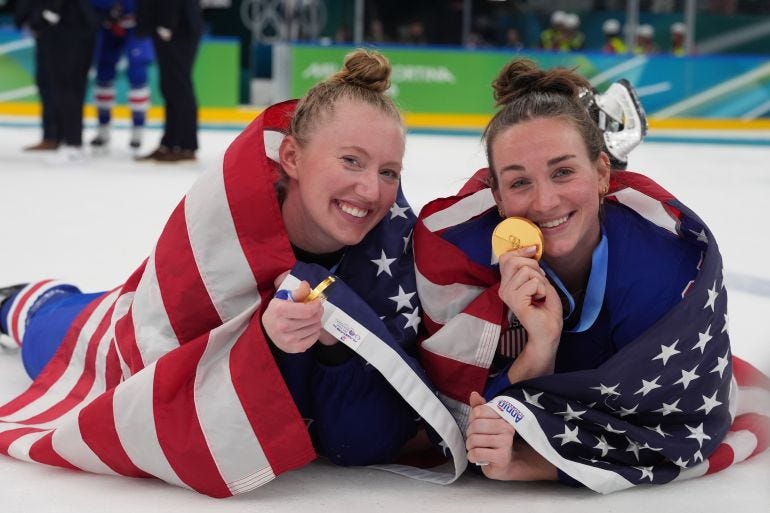 Taylor Heise and Grace Zumwinkle react.