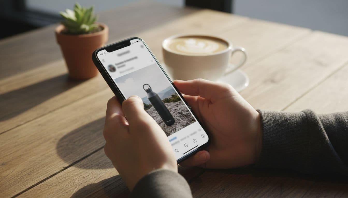 Close-up of hands holding a smartphone on a cafe table, screen showing a social media post with product recommendation image but no readable text, wooden table with coffee cup in background, natural daylight.